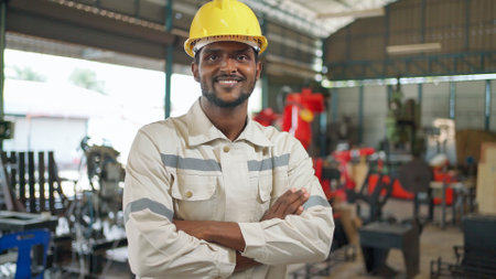 Close up portrait of confident Africa American engineer man wearing safety helmet standing in the...