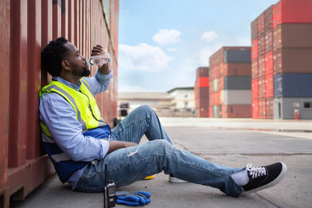 Engineer worker in safety vest sitting and rest in shipping container yard. Drinking water and...