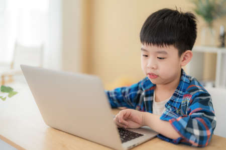 Handsome boy sitting in the classroom and doing homework. Looking at laptop and smile playing game. Learning, education and kindergarten concept. Back to school. Typing on the keyboardの写真素材