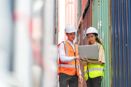 Dock manager woman and engineer worker looking at laptop and check stock in shipping container yard...