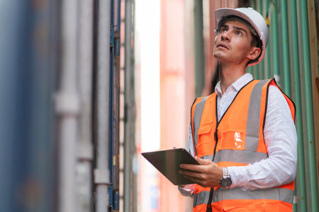 Dock worker man in safety vest holding clip board and looking at container to check defect in shipping yard. Import and export product. Manufacturing transportation and global business conceptの写真素材