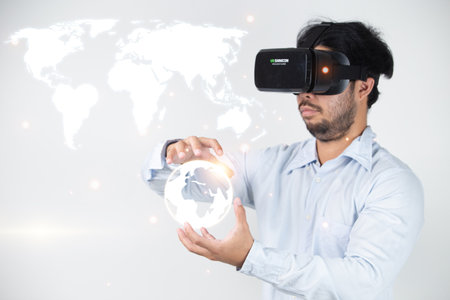 Engineer in industrial technology inspecting prototypes designed with virtual reality tool and artificial intelligence holographic prototypes. for swiftness and precisionの写真素材