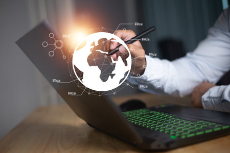 Chatbot Chat with AI, Artificial Intelligence. man using technology smart robot AI, artificial intelligence by enter command prompt for generates something, Futuristic technology transformation.の写真素材