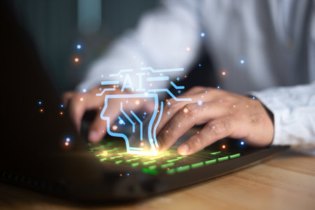 Chatbot Chat with AI, Artificial Intelligence. man using technology smart robot AI, artificial intelligence by enter command prompt for generates something, Futuristic technology transformation.の写真素材