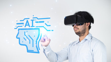 Engineer in industrial technology inspecting prototypes designed with virtual reality tool and artificial intelligence holographic prototypes. for swiftness and precisionの写真素材