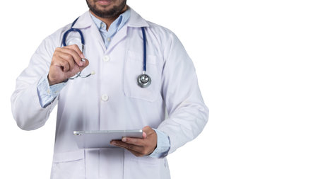 male doctor is holding stethoscope into the cameraの写真素材