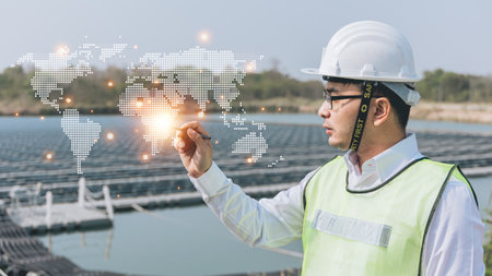 Engineer or Technician man pointing finger or Hand with an icon of energy in front show symbols of various energies with a solar cell in the background, Concepts of clean energy source for renewable. power from the environment to save the worldの写真素材