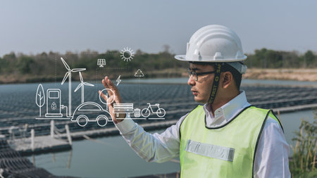 Engineer or Technician man pointing finger or Hand with an icon of energy in front show symbols of various energies with a solar cell in the background, Concepts of clean energy source for renewable. power from the environment to save the worldの写真素材