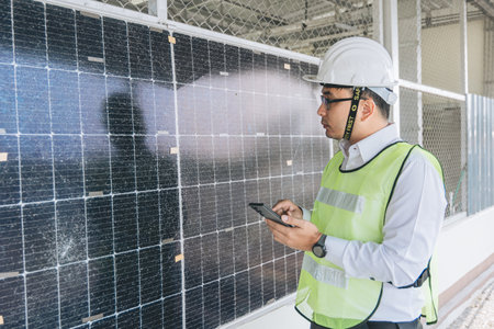 Smart engineer maintenance in solar power plant checking installing photovoltaic solar modules with laptop and using walkie talkie. Concept of sustainable resources, saving energy.の写真素材