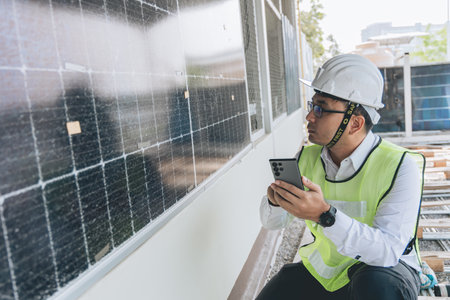 Smart engineer maintenance in solar power plant checking installing photovoltaic solar modules with laptop and using walkie talkie. Concept of sustainable resources, saving energy.の写真素材