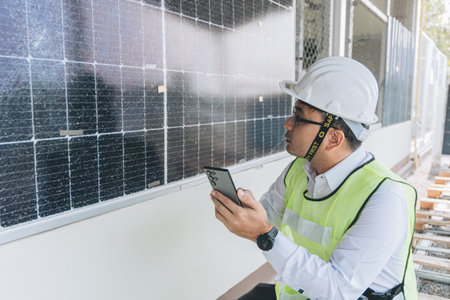 Smart engineer maintenance in solar power plant checking installing photovoltaic solar modules with laptop and using walkie talkie. Concept of sustainable resources, saving energy.の写真素材