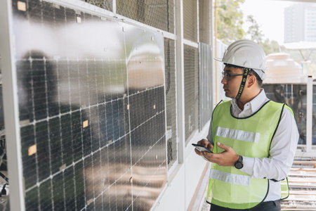 Smart engineer maintenance in solar power plant checking installing photovoltaic solar modules with laptop and using walkie talkie. Concept of sustainable resources, saving energy.の写真素材