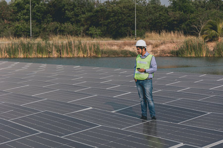 engineer standing in front of photovoltaic panels at solar power plantの写真素材