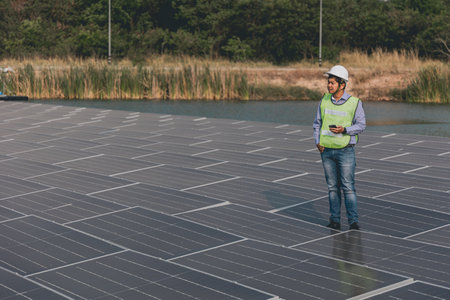 young engineer standing on solar panels and using smartphone in photovoltaic farmの写真素材
