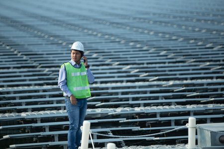 Engineer or architect with safety helmet and reflective vest standing in construction siteの写真素材