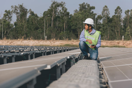 engineer or technician working at solar power plant. man wearing safety helmet and blue vest.の写真素材