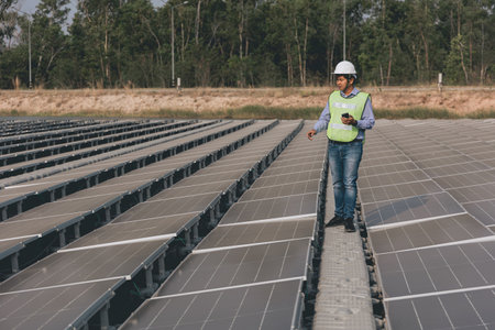 full length view of engineer in helmet looking at solar panels on fieldの写真素材