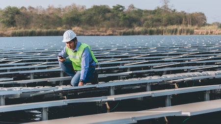 Asian male engineer working at solar power plant. He is using a smartphone.の写真素材