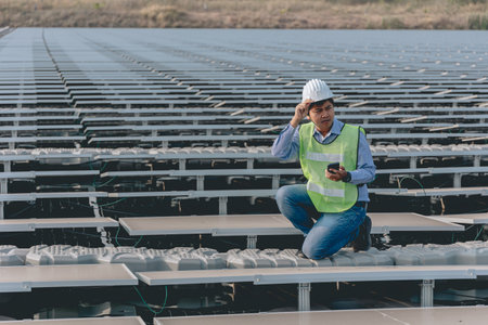 young asian engineer or worker using mobile phone at solar power plantの写真素材
