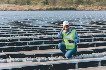 solar energy engineer at solar power plant. asian man wearing safety helmet and reflective vest.の写真素材