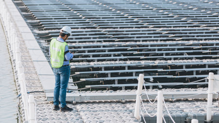Worker in safety vest and helmet standing on the stairs of the stadium.の写真素材