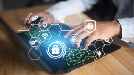 Cyber security, Data protection, information safety and encryption. internet technology and business concept.  Virtual screen with padlock icons.の写真素材