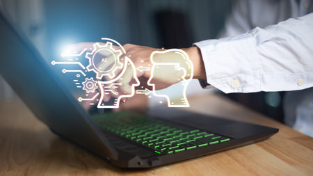 Customer using online service with chat bot to get support. Chat bot intelligent digital customer serviceconcept.Virtual assistant and CRM software automation technology.の写真素材