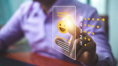 Customer hand review feedback five star rating service or product quality positive ranking...