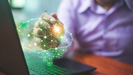 Chatbot Chat with AI, Artificial Intelligence. man using technology smart robot AI, artificial intelligence by enter command prompt for generates something, Futuristic technology transformation.の写真素材