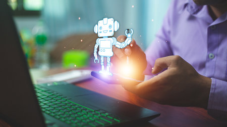 Chatbot Chat with AI, Artificial Intelligence. man using technology smart robot AI, artificial intelligence by enter command prompt for generates something, Futuristic technology transformation.の写真素材