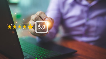 Customer hand review feedback five star rating service or product quality positive ranking background of best evaluation user experience success business rate and finger point satisfaction 5 score.の写真素材