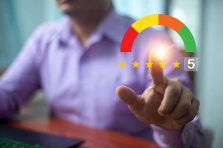 Customer hand review feedback five star rating service or product quality positive ranking background of best evaluation user experience success business rate and finger point satisfaction 5 score.の写真素材