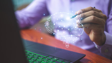 Chatbot Chat with AI, Artificial Intelligence. man using technology smart robot AI, artificial intelligence by enter command prompt for generates something, Futuristic technology transformation.の写真素材