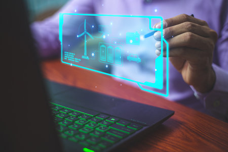 Engineer in industrial technology inspecting prototypes designed with virtual reality tool and artificial intelligence holographic prototypes. for swiftness and precisionの写真素材