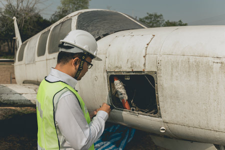 Engineer maintaining a helicopter Engine. Male engine machanic helicopter checking helicopter before take offの写真素材