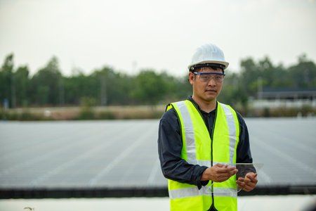 Engineer checking photovoltaic installationの写真素材