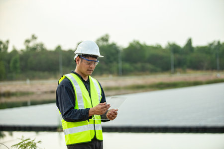 Engineer or Technician using tablet computer with solar power plant background.の写真素材