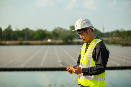 Engineer checking photovoltaic installationの写真素材