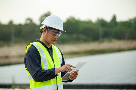 Engineer checking photovoltaic installationの写真素材
