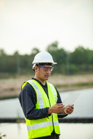 Engineer checking photovoltaic installationの写真素材