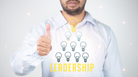Businessman on blurred background holding and showing leadership innovative idea concept background...