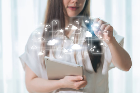 Cloud technology concept Business woman hand touch clound computing. Technology Internet Storage...