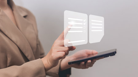 Woman using mobile with checklist icons on screen. Busness concept