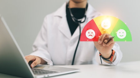Healthcare and medical concept. Doctor using laptop computer with scale for clients feedback symbol.の写真素材