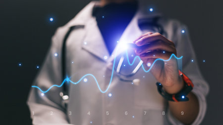 Close up of female doctor writing on virtual screen. Healthcare and medical conceptの写真素材