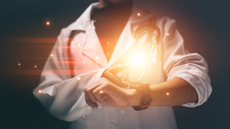 Close up of female doctor holding stethoscope. Medical and healthcare conceptの写真素材