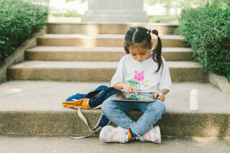 Cute asian child girl using digital tablet sitting on stairs in the park.の写真素材
