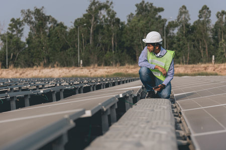 engineer or worker in safety helmet and reflective vest working on solar power plantの写真素材