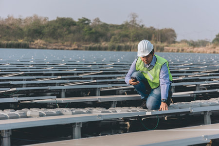 engineer or technician working on solar panel in solar power plant.の写真素材