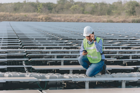 Engineer or technician working on solar power plant in solar farm.の写真素材